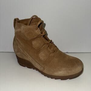 Sorel Evie Suede Lace Up Wedge Booties Tan Brown Waterproof Women's Size 8